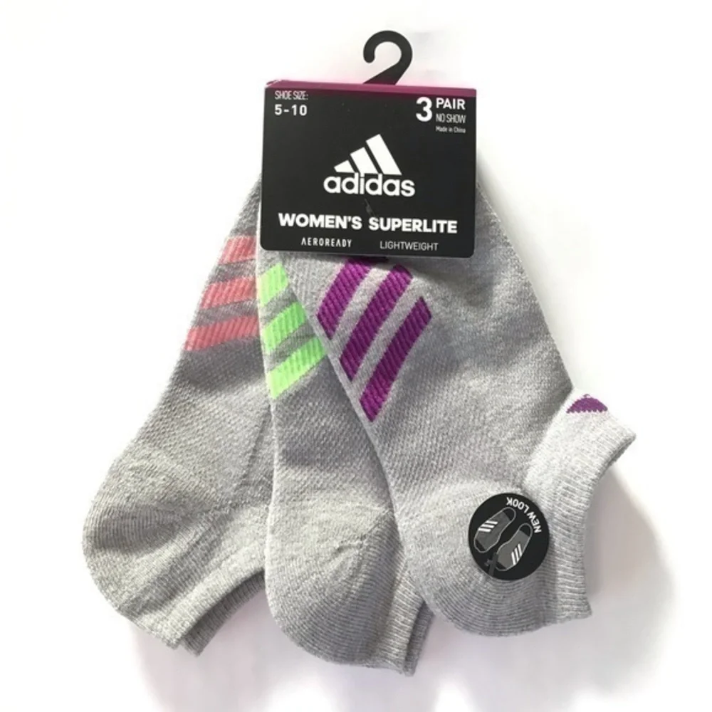 Adidas women’s no show socks gray pink green purple 3 pack size 5-10